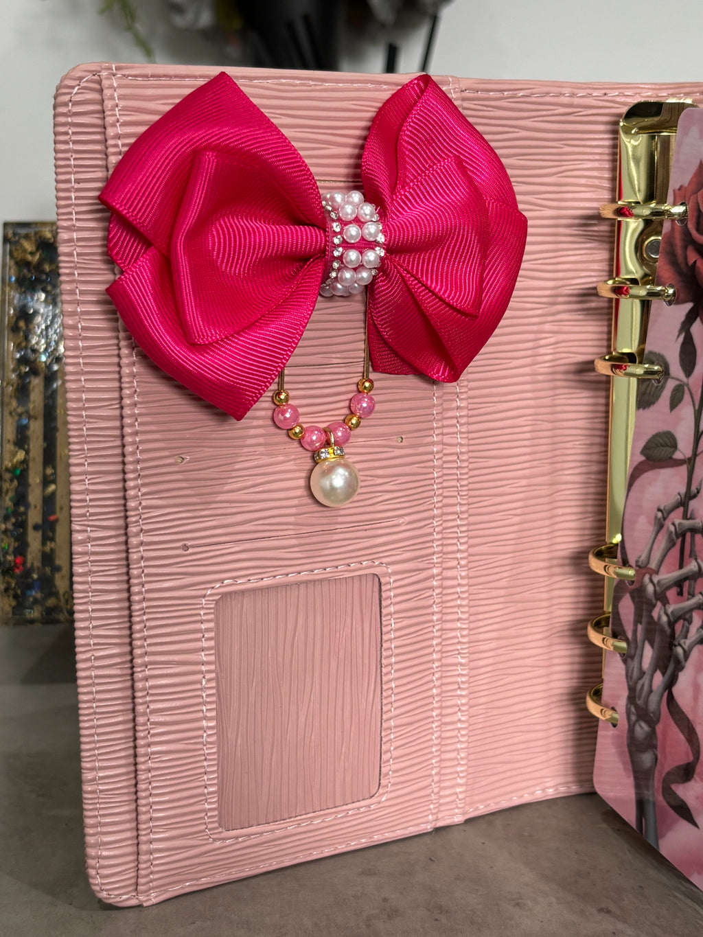 Pink - white pearls bow binder clip