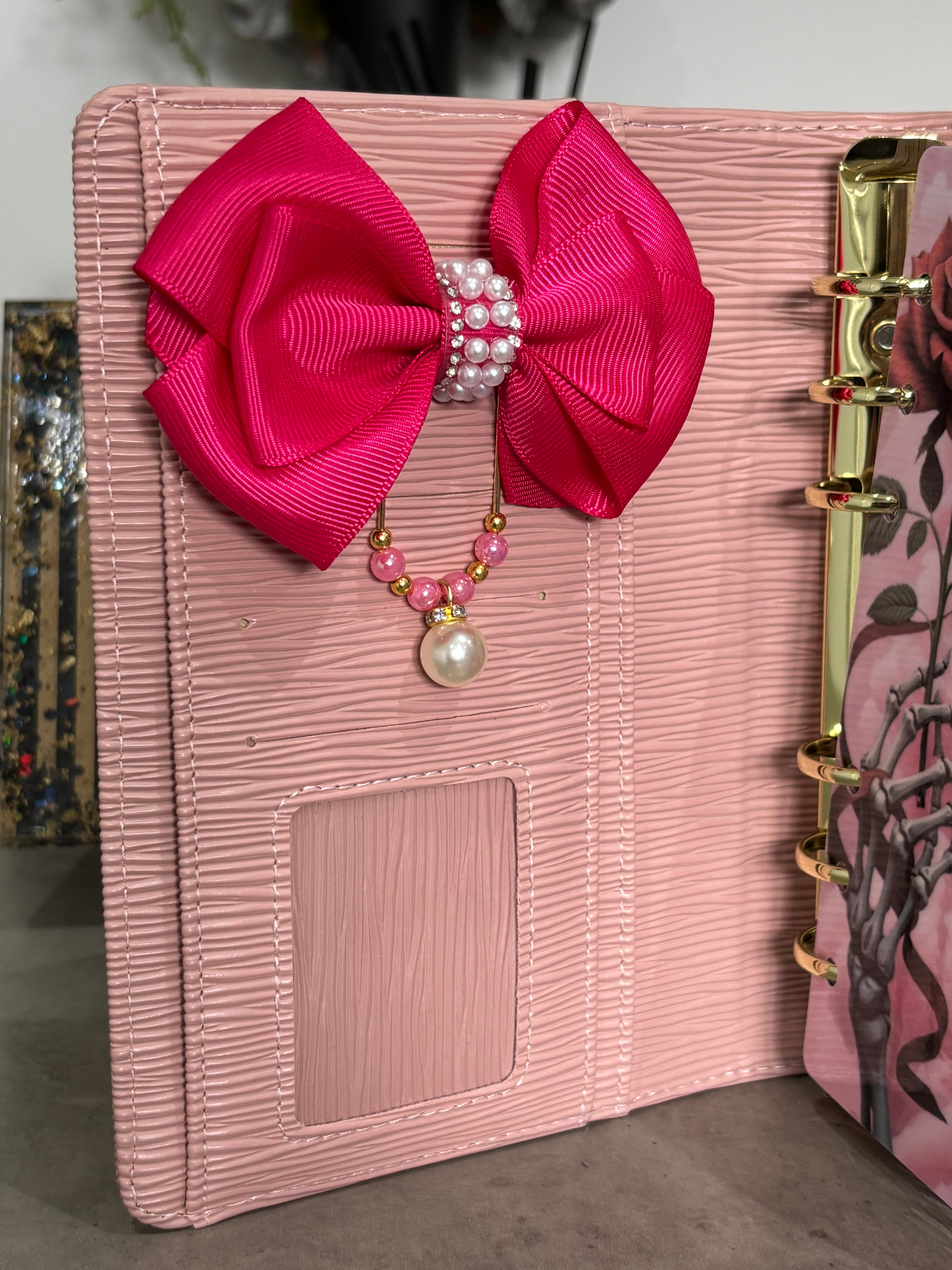 Pink - white pearls bow binder clip