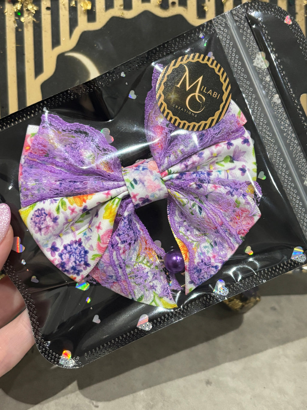 Purple flower bow binder clip