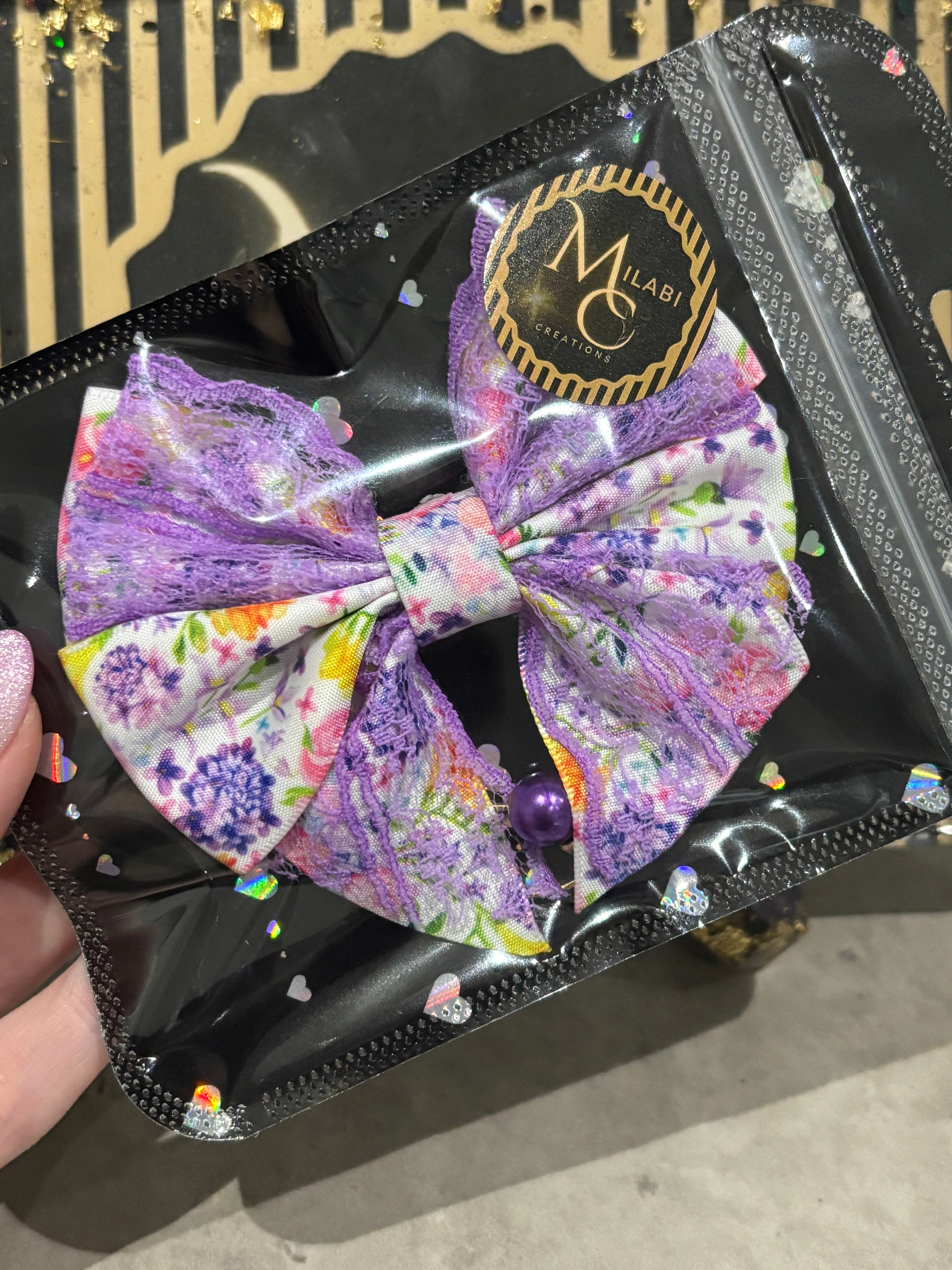 Purple flower bow binder clip