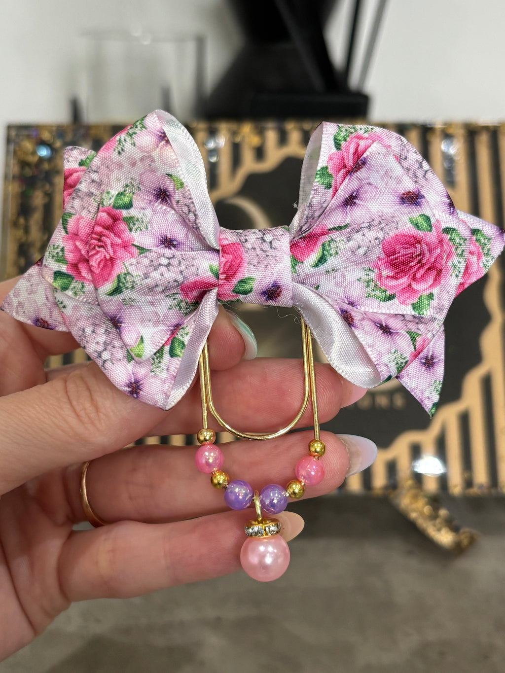Pink - purple flowers bow binder clip