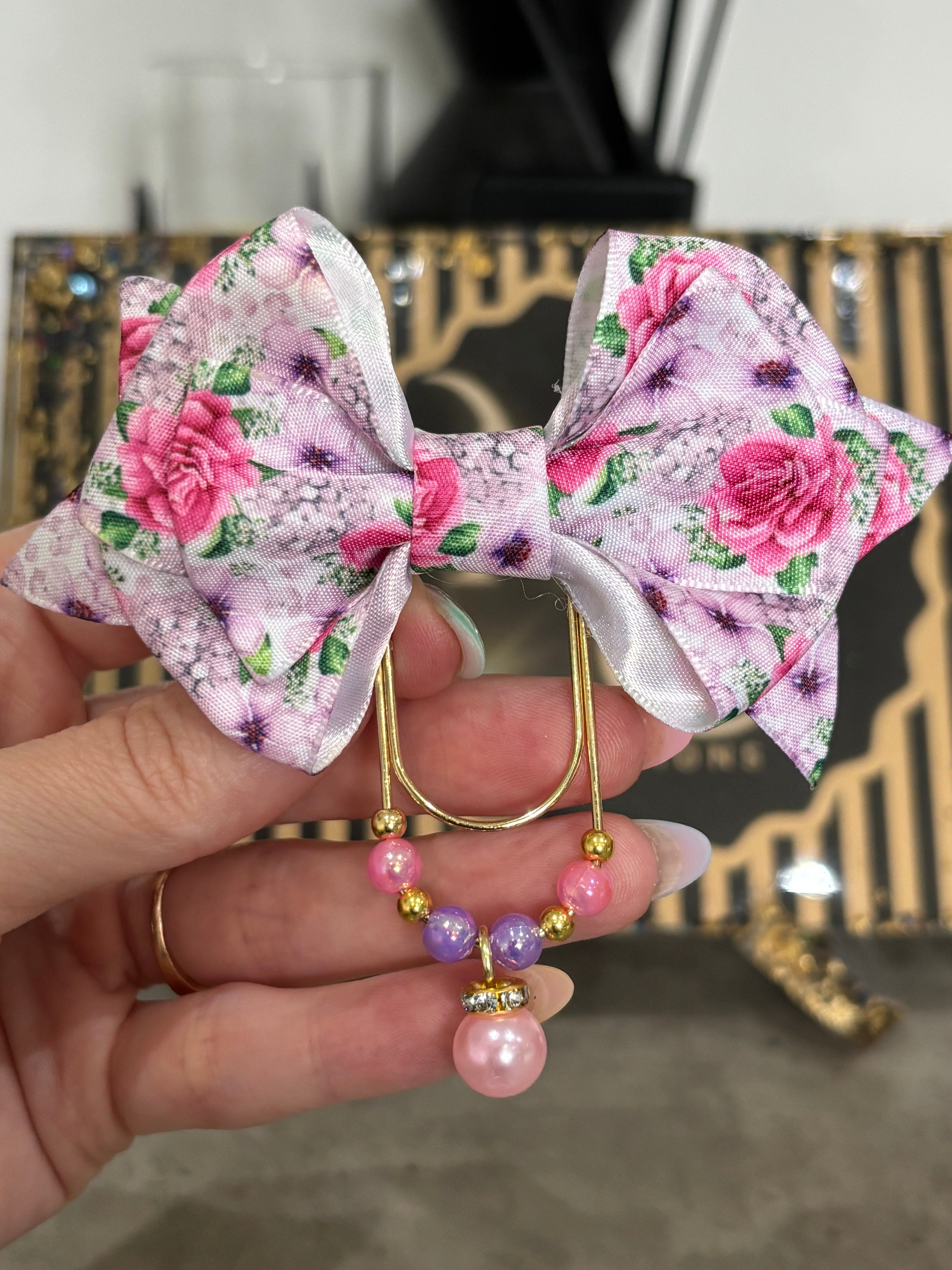 Pink - purple flowers bow binder clip