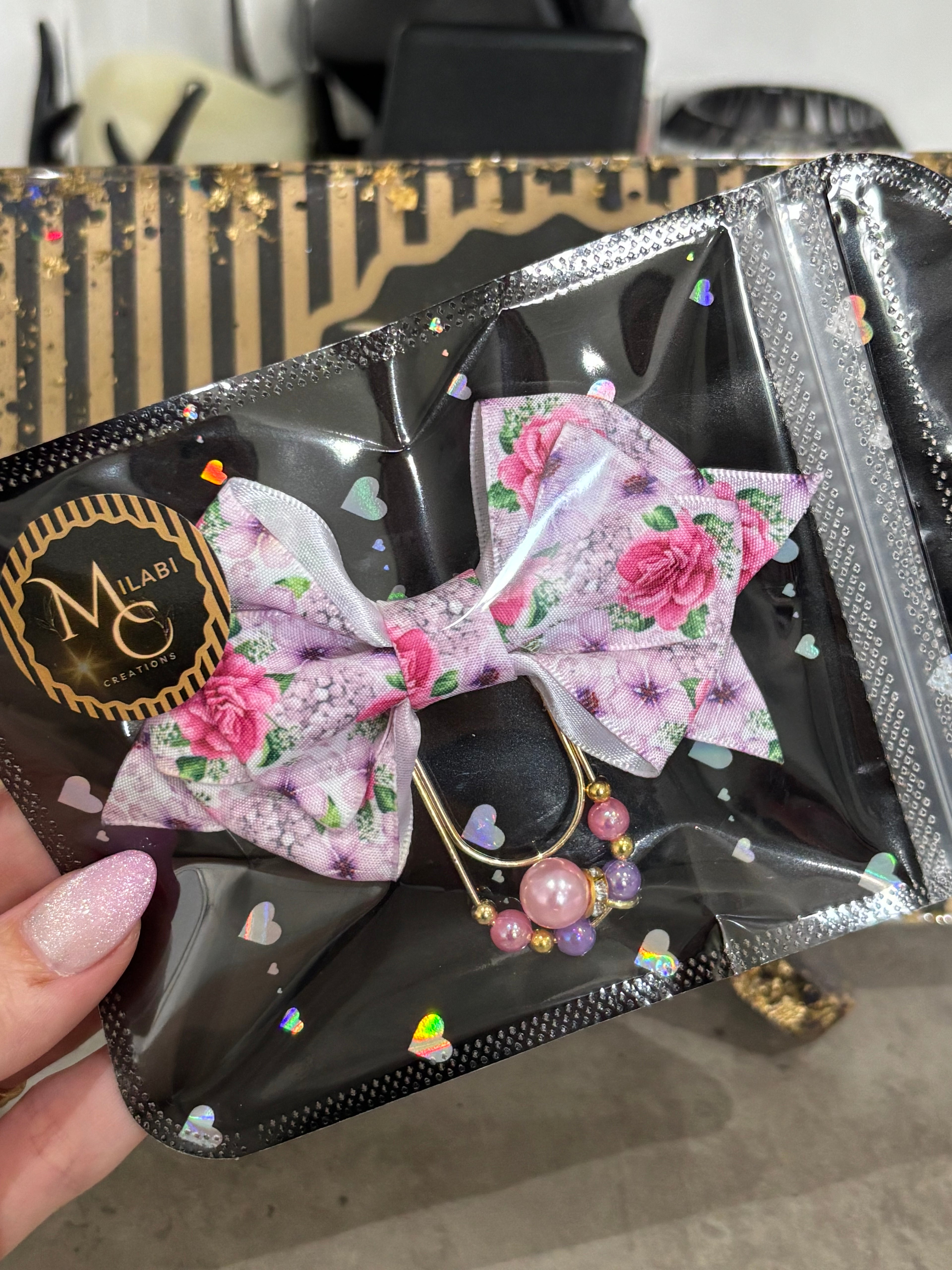 Pink - purple flowers bow binder clip