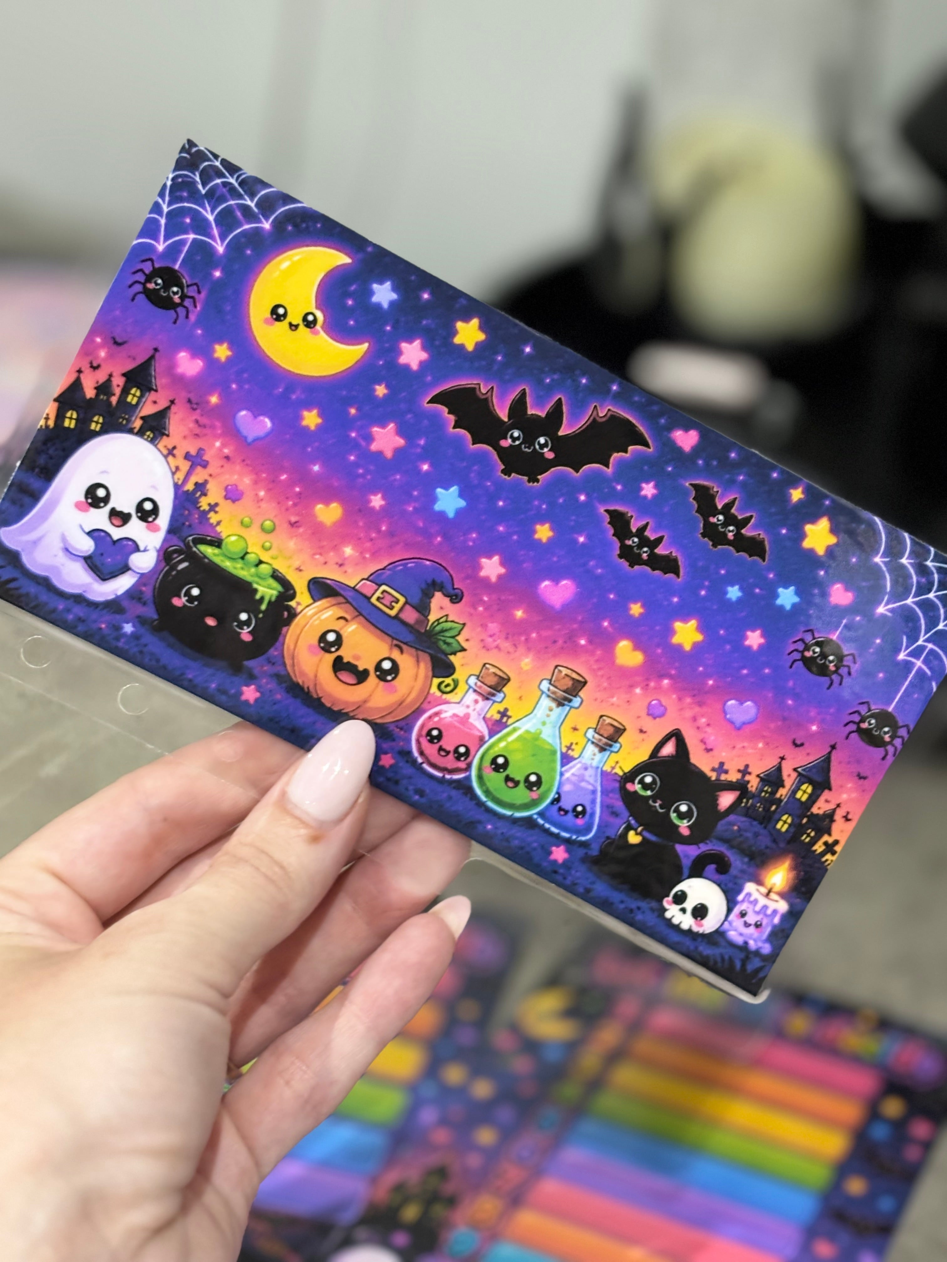 Cute spooky double sided a6 binder wallets and matching dashboard, glossy finish. Option 1-6 or 1-10 Challenge wallets