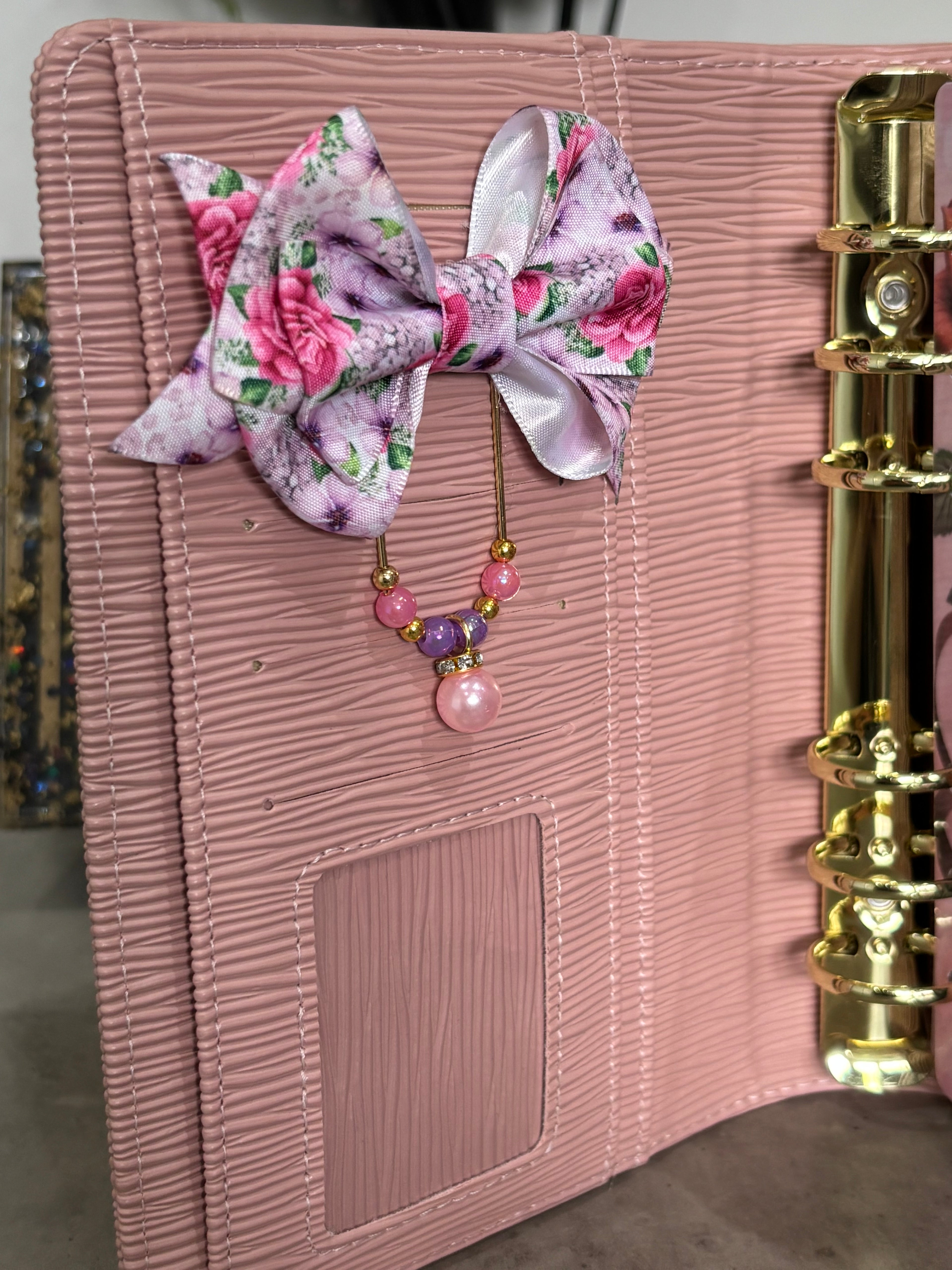 Pink - purple flowers bow binder clip