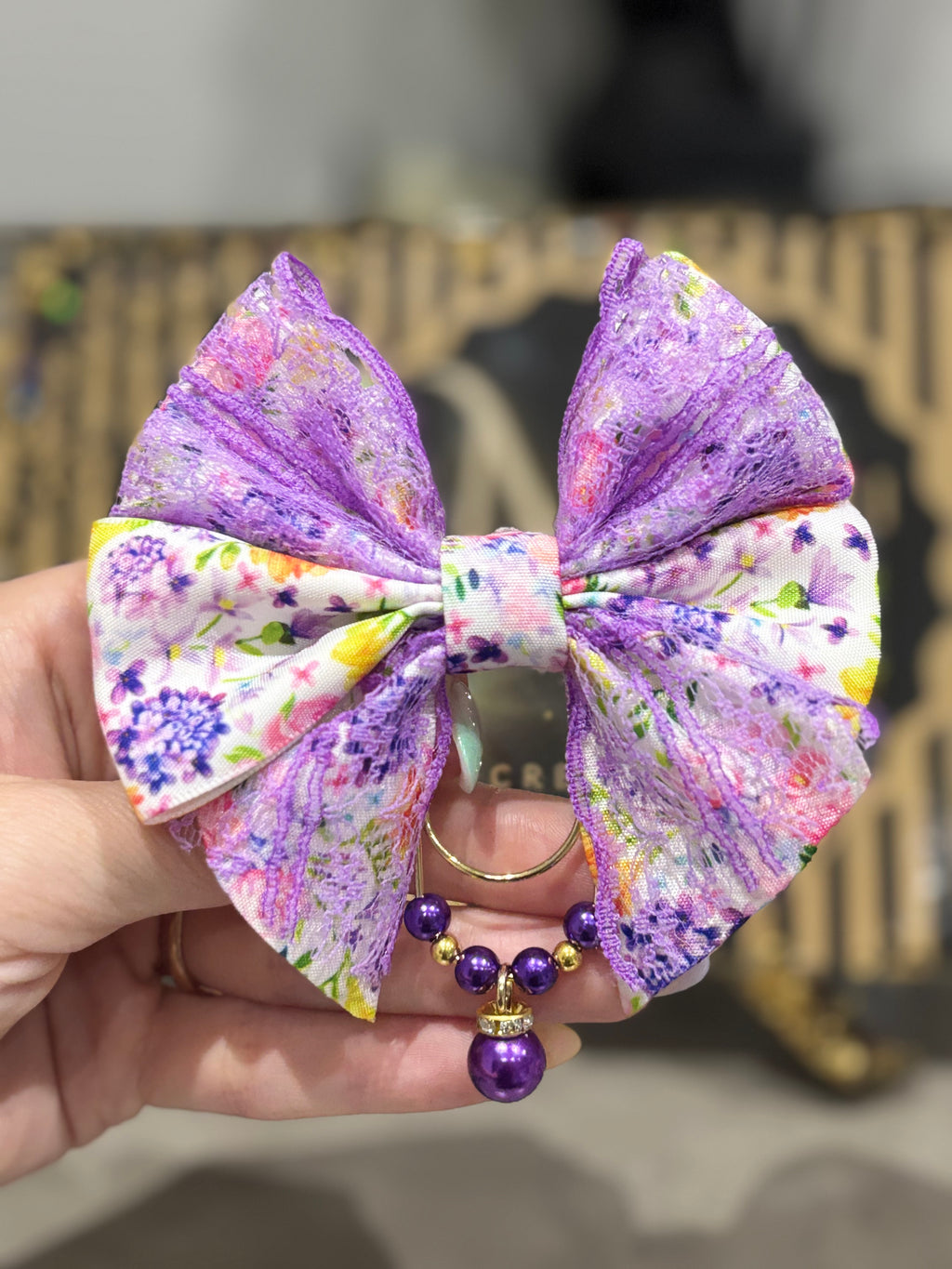 Purple flower bow binder clip