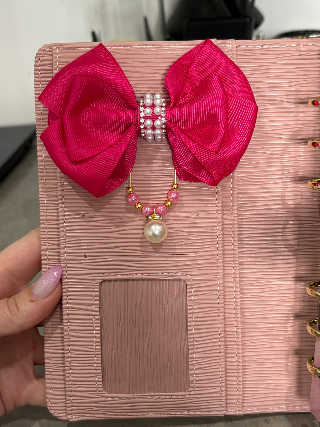 Pink - white pearls bow binder clip