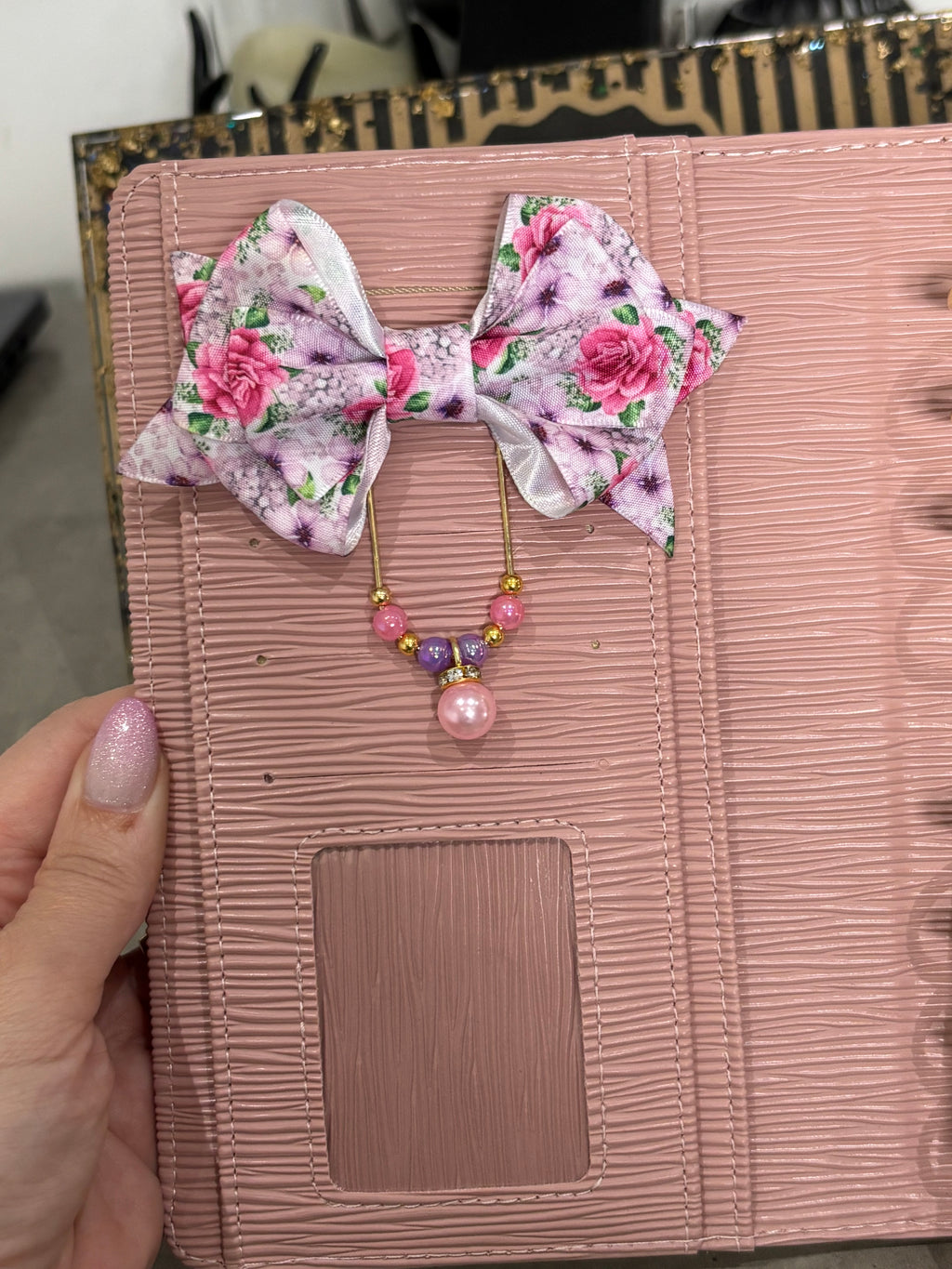Pink - purple flowers bow binder clip