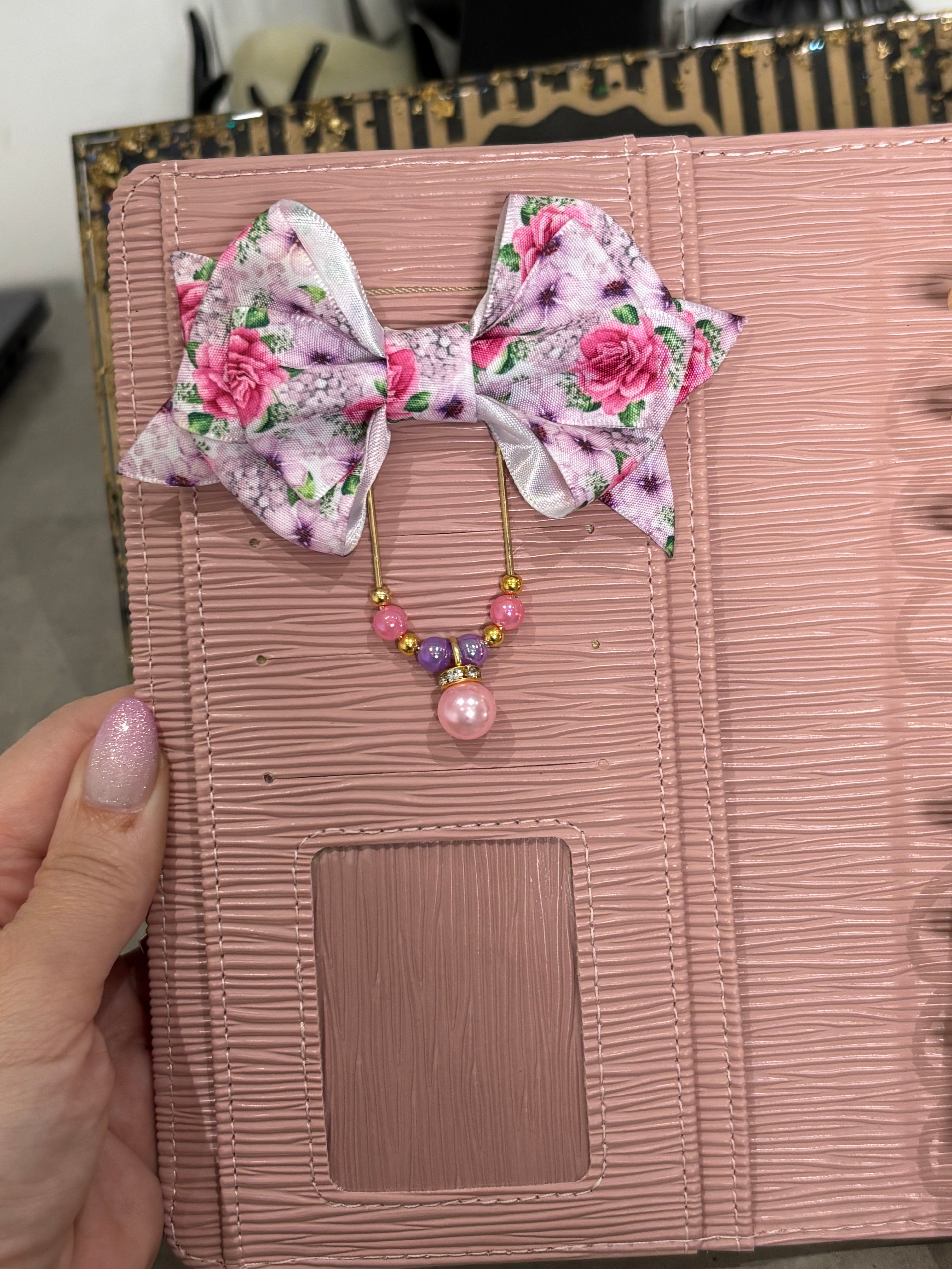 Pink - purple flowers bow binder clip